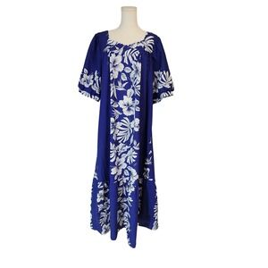 Floral Hawaiian Muumuu Dress‎ Blue White Hibiscus Tropical Maxi Sun Dress